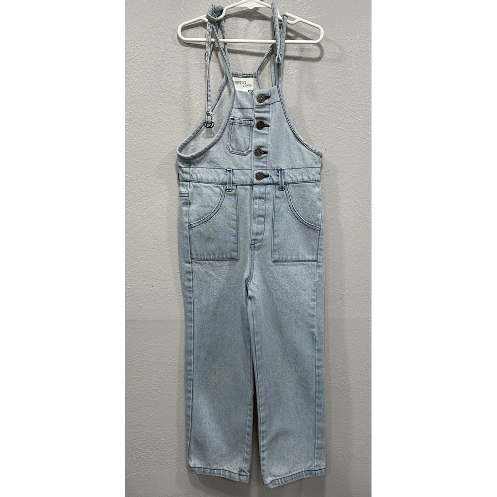 Poppet & Fox Denim Overall Girls Size 7 Light Blue Pockets Buttons Straight Leg